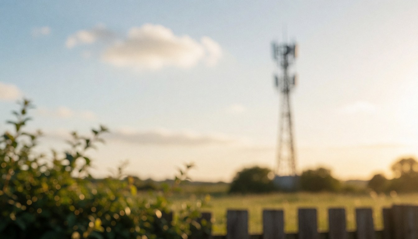 Fond doux d'un champ rural avec une tour de télécommunications à l'horizon, feuillage vert et clôture en bois flous sous la lumière dorée du coucher de soleil.
