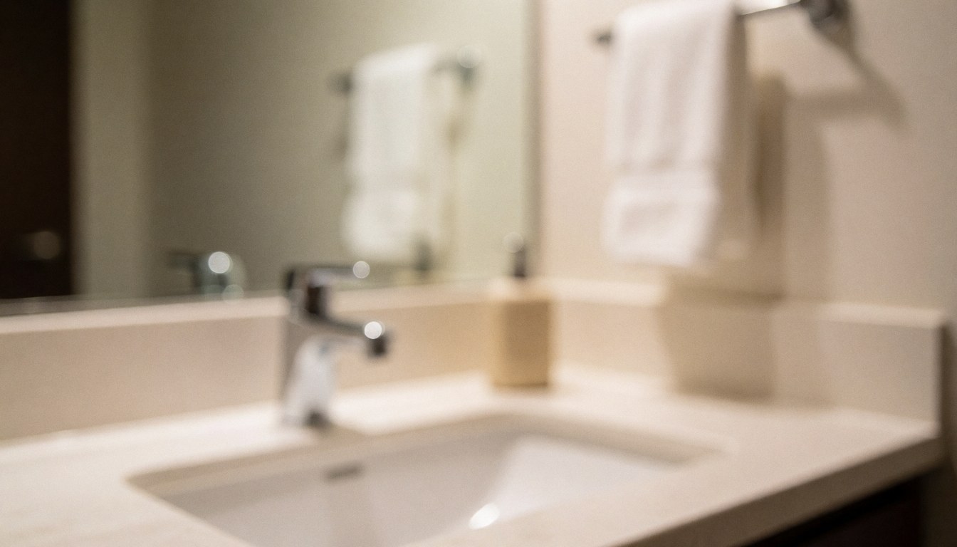 Arrière-plan de salle de bain avec robinet, miroir et serviette blanche, éclairage chaleureux, idéal pour textes commerciaux