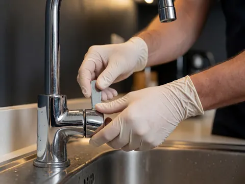 Des mains gantées règlent un robinet de cuisine moderne sur fond gris avec une lumière chaude.