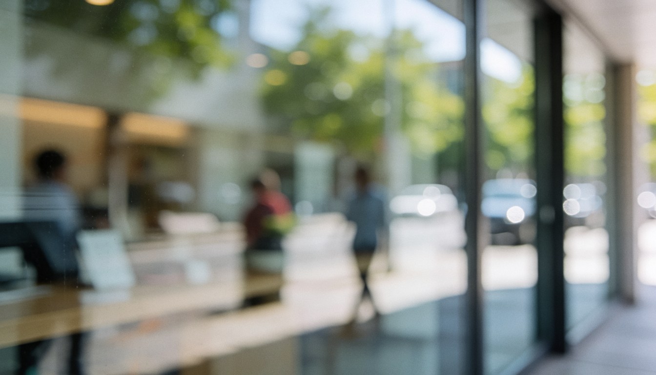 Fond de vitrerie avec des reflets doux d'arbres et de personnes, idéal pour les textes commerciaux, profondeur de champ réduite, ambiance professionnelle et ouverte.