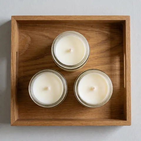 Trois bougies blanches en cire dans des récipients en verre posées sur un plateau en bois, éclairées par une lumière naturelle douce, idéales pour le bien-être et la relaxation.