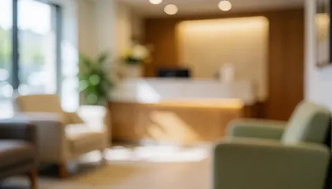Arrière-plan flou d'une salle d'attente avec des fauteuils confortables, un bureau de réception et une lumière naturelle, idéal pour les sites web de massages corporels.