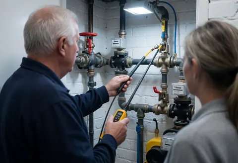 Un technicien examine des tuyaux dans une salle technique avec des murs en briques blanches, des outils et des valves visibles.