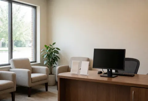 Espace d'accueil de spa avec sièges confortables, écran d'ordinateur, plantes vertes et fenêtre laissant entrer la lumière naturelle.