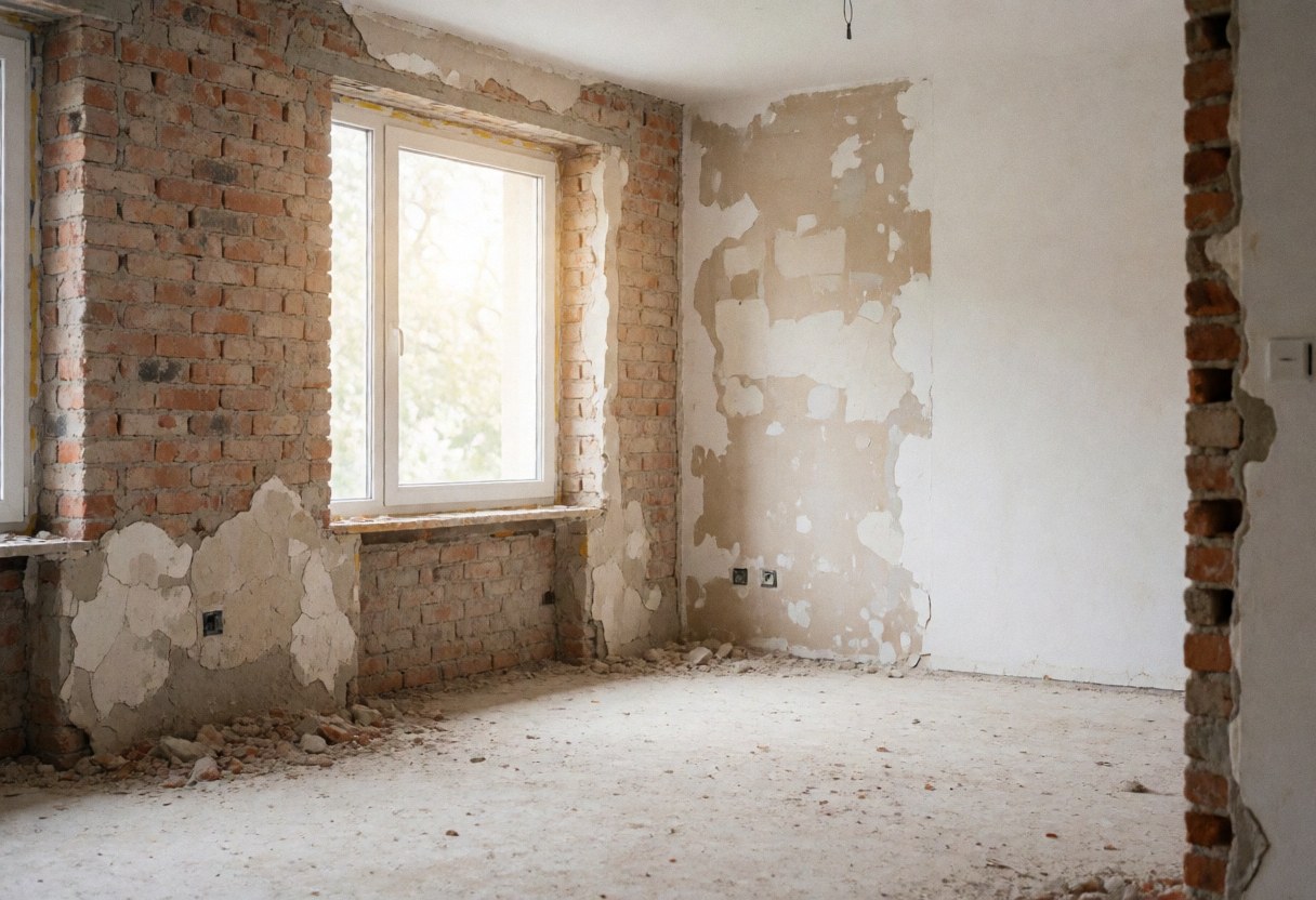 Salle en cours de rénovation présentant des murs en briques exposées, un sol poussiéreux et des fenêtres laissant entrer la lumière naturelle.