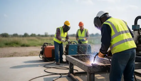 Trois ouvriers en casques et gilets de sécurité réalisent des soudures sur une plateforme, avec des étincelles projetées sous la lumière du jour.