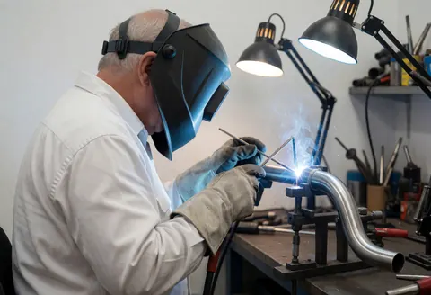 Un soudeur avec casque et gants réalise une soudure sur un tube incurvé en atelier, éclairage intense et outils visibles.