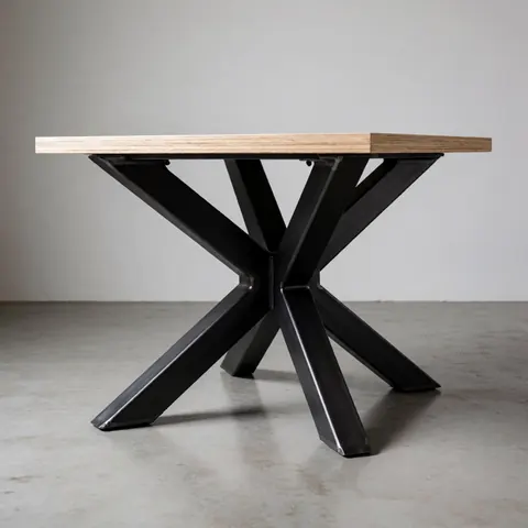 Table industrielle avec base en acier peint noir mat et plateau en bois clair sur sol béton poli, éclairage doux et fond gris neutre.