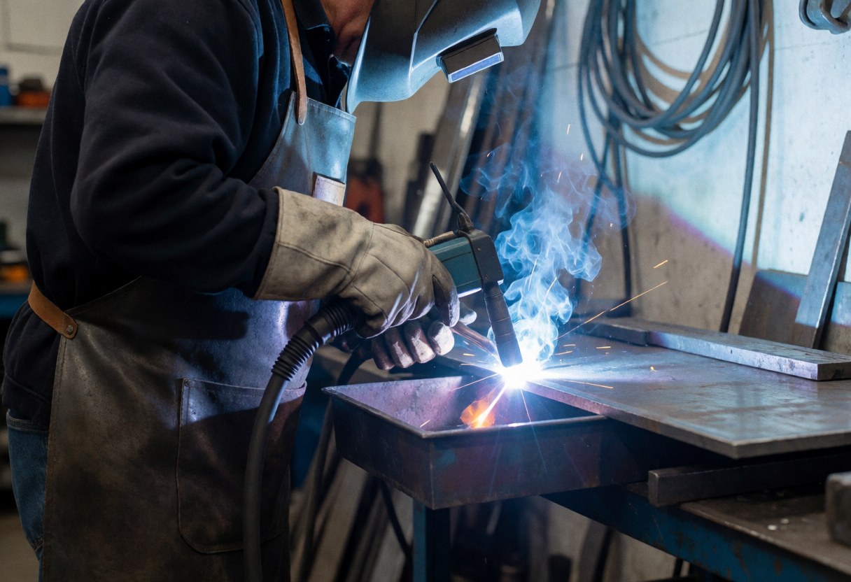 Soudeur professionnel utilisant un casque et des gants, coupant du métal au plasma dans un atelier industriel avec des étincelles et de la fumée visibles.
