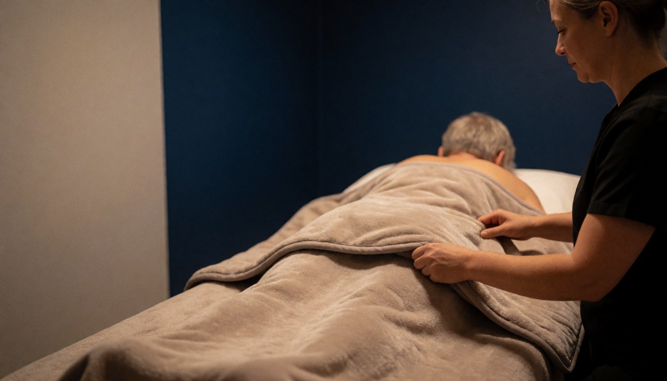 Un thérapeute professionnel ajuste une couverture thermique sur un client recevant un massage dans une pièce aux murs bleus et à la lumière chaude.