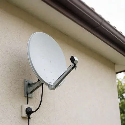 Antenne satellite blanche montée sur un mur en stuc beige avec un câble noir connecté à une prise électrique, éclairage naturel et scène propre.