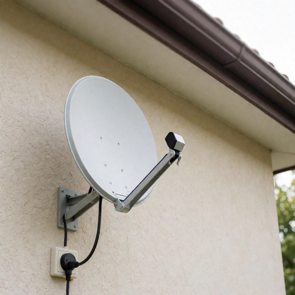 Antenne satellite blanche montée sur un mur en stuc beige avec un câble noir connecté à une prise électrique, éclairage naturel et scène propre.