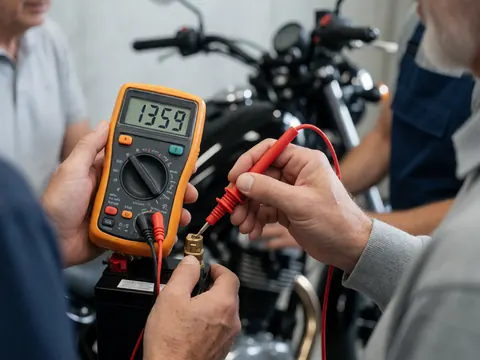 Technicien utilisant un multimètre pour vérifier la batterie d'une moto, mains gantées, moteur flou et collègues en arrière-plan