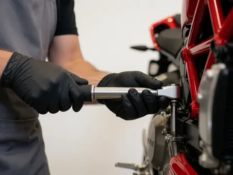 Mécanicien portant des gants noirs serre une vis sur le moteur d'une moto à l'aide d'une clé dynamométrique, sur fond blanc avec éclairage chaud.