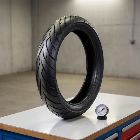 Un pneu neuf pour moto posé sur un établi en atelier, à côté d'un manomètre, avec des murs en béton visibles en arrière-plan.
