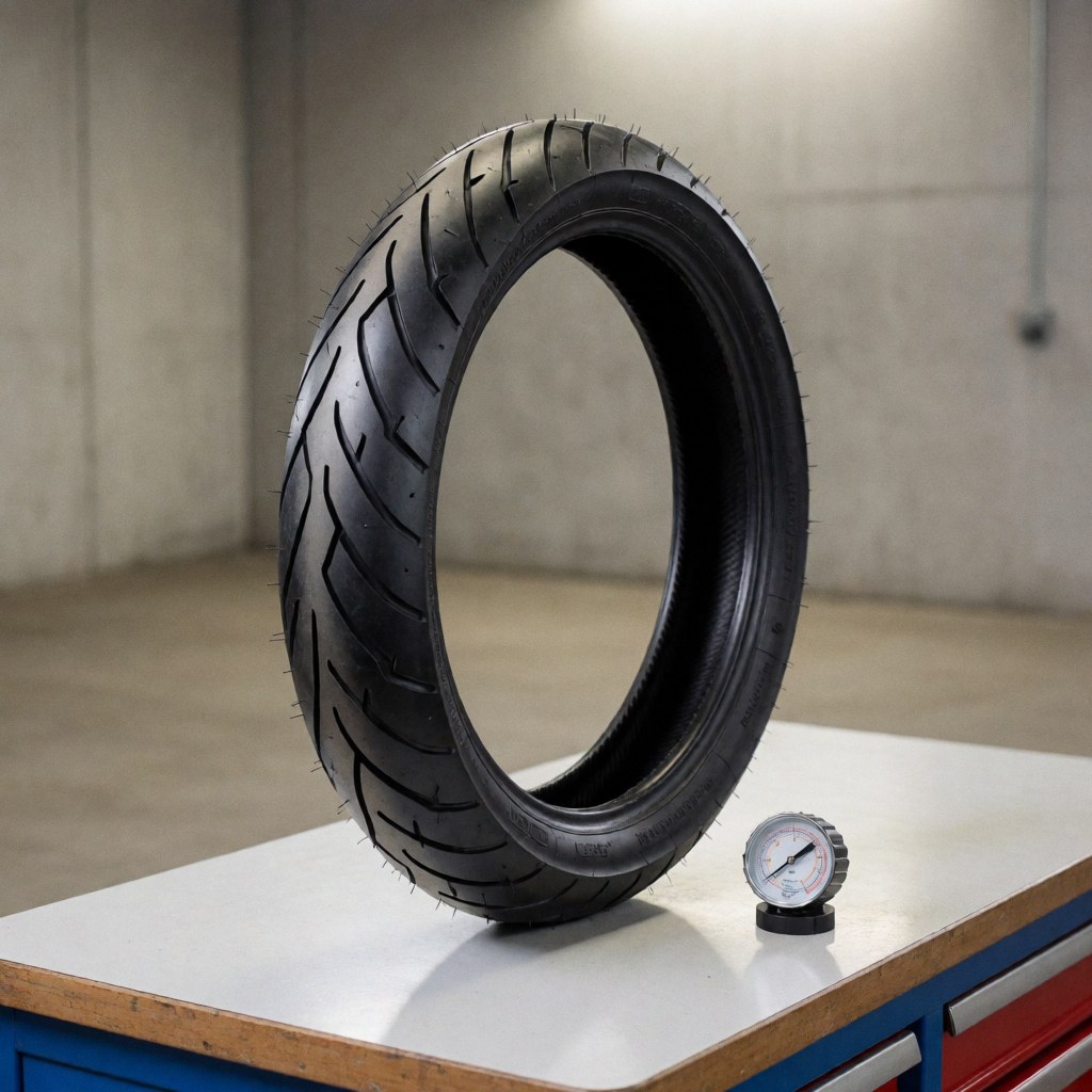 Un pneu neuf pour moto posé sur un établi en atelier, à côté d'un manomètre, avec des murs en béton visibles en arrière-plan.