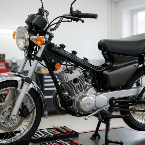 Moto de 150cc en atelier, moteur exposé, outils sur établi, fond blanc flou, idéal pour services de maintenance.
