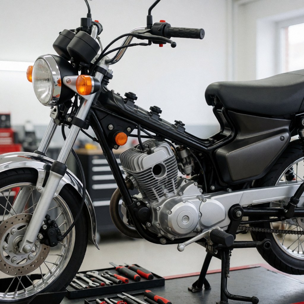Moto de 150cc en atelier, moteur exposé, outils sur établi, fond blanc flou, idéal pour services de maintenance.