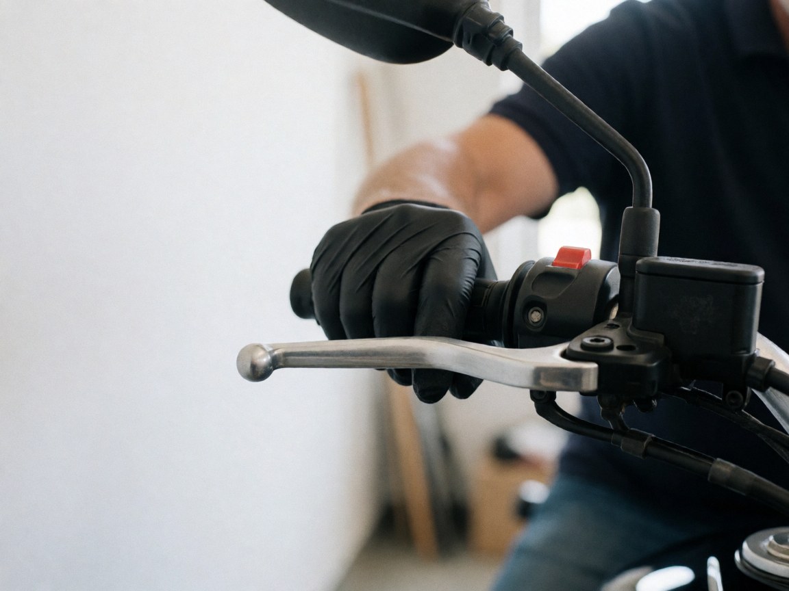 Gros plan d'une main portant un gant noir réglant le levier de frein dans un atelier avec des outils en arrière-plan flou.
