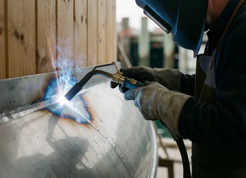 Un soudeur industriel effectue une soudure TIG sur une section courbe d'acier inoxydable dans un chantier naval, avec un arc électrique brillant et un fond en bois.