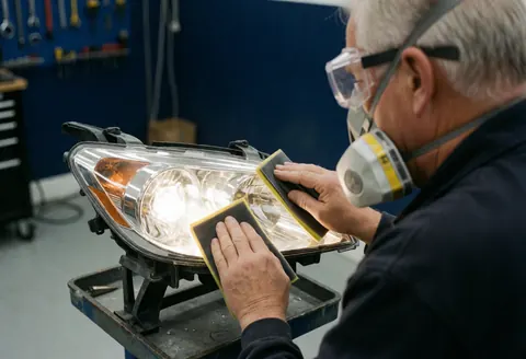 Un technicien portant des lunettes et un masque ponce un phare sur une tablette métallique, entouré d'outils et de murs bleus.