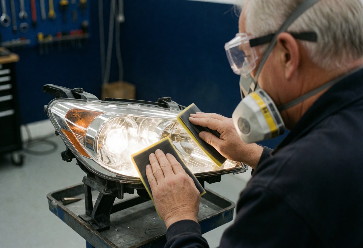 Un technicien portant des lunettes et un masque ponce un phare sur une tablette métallique, entouré d'outils et de murs bleus.