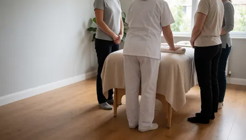 Trois individus debout regardent une thérapeute en uniforme blanc poser une serviette sur une table recouverte d'un tissu beige dans une pièce aux murs gris.