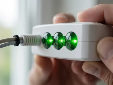 Main tenant un répéteur de signal blanc avec trois voyants verts allumés, câble de fibre optique connecté avec un attache noir, fond flou avec lumière naturelle.