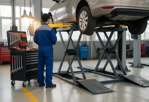 Mécanicien en uniforme bleu devant un chariot à outils contenant des clés, dans un atelier automobile avec une voiture sur une plateforme hydraulique.