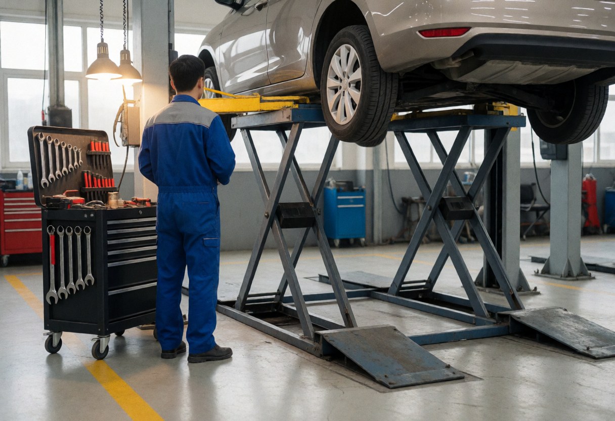 Mécanicien en uniforme bleu devant un chariot à outils contenant des clés, dans un atelier automobile avec une voiture sur une plateforme hydraulique.
