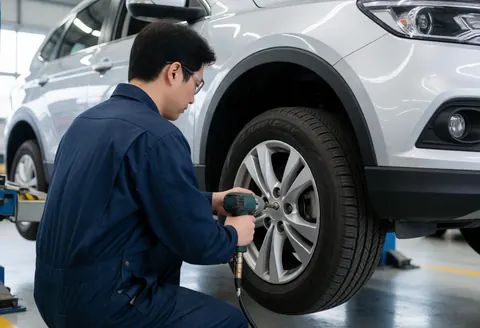 Mécanicien professionnel en uniforme bleu avec lunettes utilise un outil pneumatique pour retirer une vis de roue sur un SUV argenté dans un atelier bien éclairé.