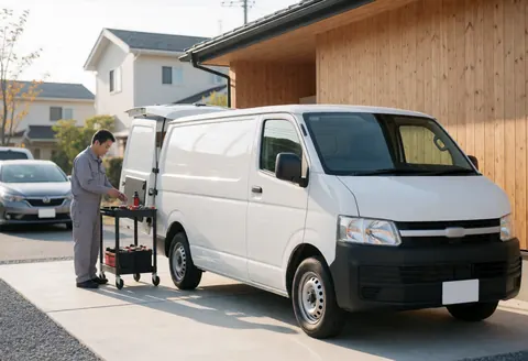Mécanicien en uniforme gris range des outils sur un chariot devant une camionnette blanche stationnée près d'une maison en bois.