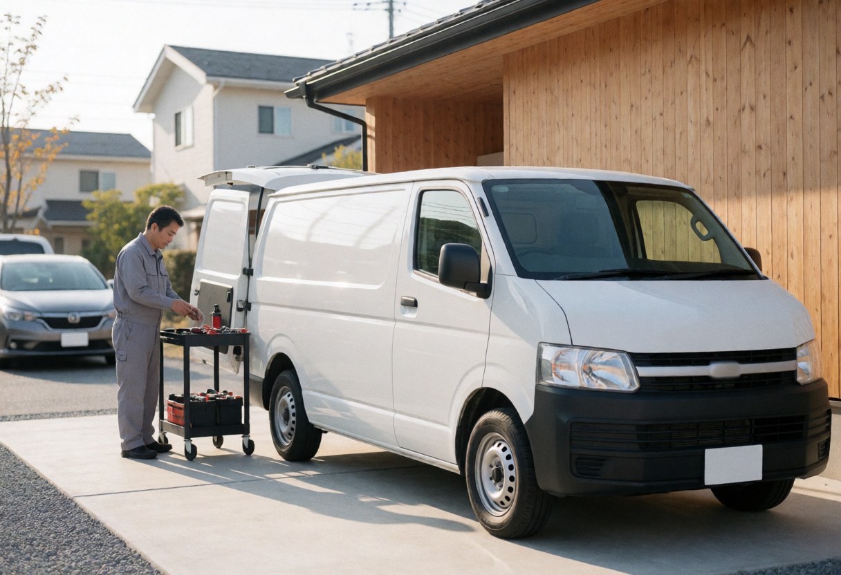 Mécanicien en uniforme gris range des outils sur un chariot devant une camionnette blanche stationnée près d'une maison en bois.