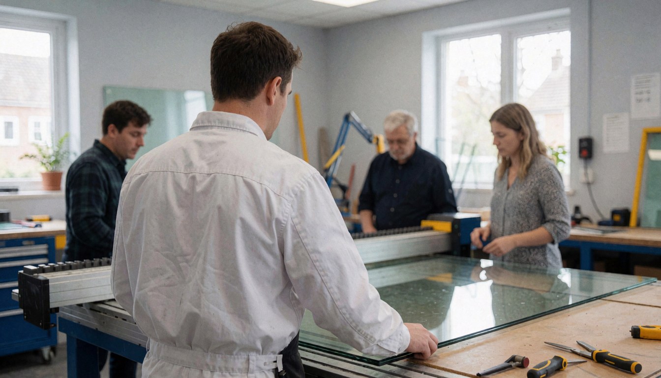 Un ouvrier en uniforme blanc examine une plaque de verre sur une table. D'autres collègues observent dans un atelier lumineux.