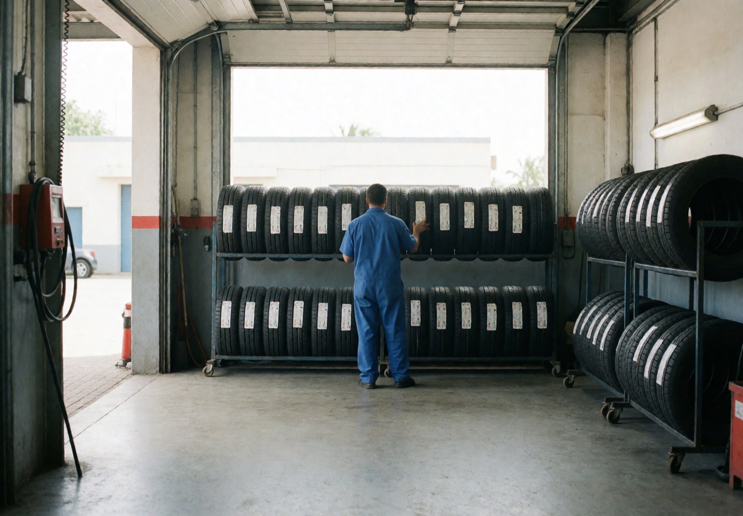 Un mécanicien en uniforme bleu organise des pneus neufs sur des étagères métalliques dans un garage avec lumière naturelle.