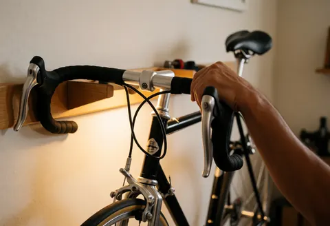 Gros plan sur une main saisissant fermement le guidon métallique d'une bicyclette dans un atelier, avec des détails mécaniques visibles.