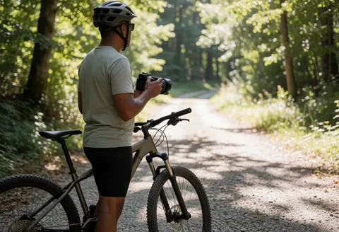 Cycliste sur VTT sur un sentier forestier prenant des photos avec un appareil photo, lumière solaire filtrant à travers les arbres, ambiance naturelle et relaxante.