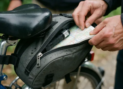Des mains d'adulte règlent une carte à l'intérieur d'un sac de vélo gris avec une lampe torche, en extérieur, sur la fermeture et les points d'attache.