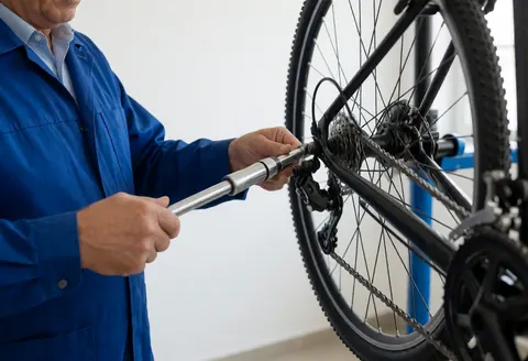 Un mécanicien en uniforme bleu ajuste la chaîne d'un vélo à l'aide d'une clé dynamométrique dans un atelier propre sur fond blanc.