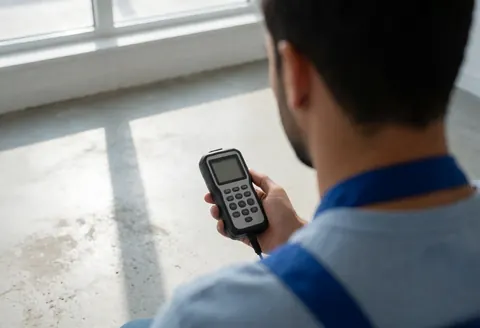 Technicien utilisant un détecteur acoustique pour scanner un sol en béton. Lumière naturelle par la fenêtre, focus sur l'outil et la texture du sol, ambiance professionnelle.