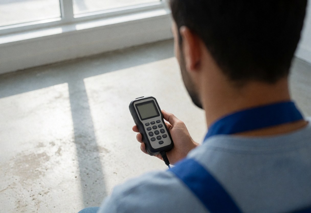 Technicien utilisant un détecteur acoustique pour scanner un sol en béton. Lumière naturelle par la fenêtre, focus sur l'outil et la texture du sol, ambiance professionnelle.