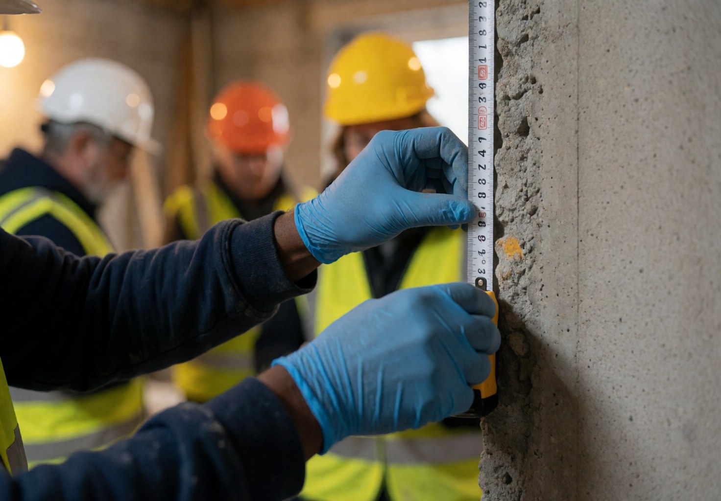 Des mains portant des gants bleus utilisent un mètre ruban pour mesurer une paroi de béton rugueuse, dans un contexte de chantier.