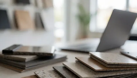Vue d'échantillons de fenêtres disposés sur un bureau avec un ordinateur portable, servant de fond neutre pour des textes commerciaux.