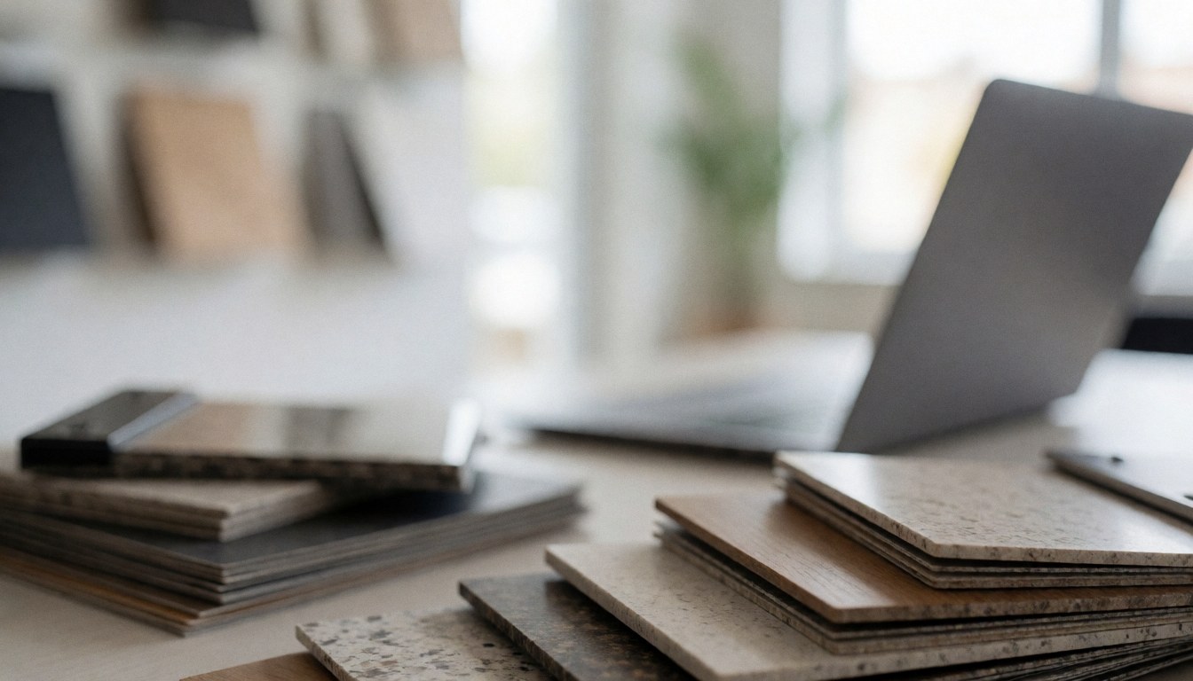 Vue d'échantillons de fenêtres disposés sur un bureau avec un ordinateur portable, servant de fond neutre pour des textes commerciaux.