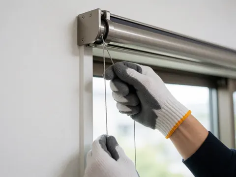 Gros plan d'une main gantée ajustant un mécanisme métallique brillant pour l'installation de fenêtres. Outils et matériaux visibles sur fond de fenêtre flou éclairé par la lumière naturelle.