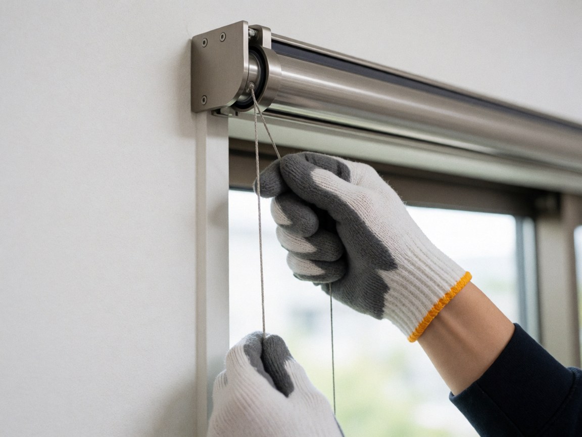 Gros plan d'une main gantée ajustant un mécanisme métallique brillant pour l'installation de fenêtres. Outils et matériaux visibles sur fond de fenêtre flou éclairé par la lumière naturelle.