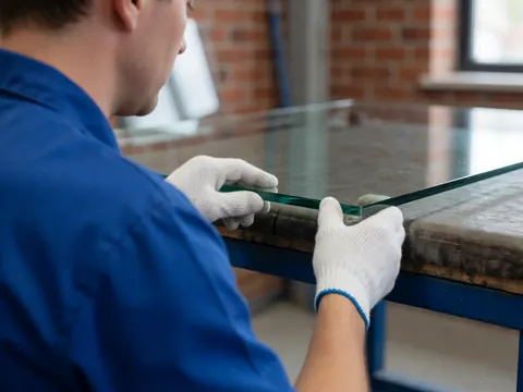 Un technicien portant des gants blancs examine attentivement le contour d'un panneau de verre trempé posé sur une table dans un atelier aux murs de briques rouges.