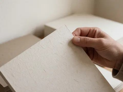 Une main adulte saisit un papier épais à texture visible, sur un fond flou de piles de papier neutres, évoquant la qualité de l'impression graphique.