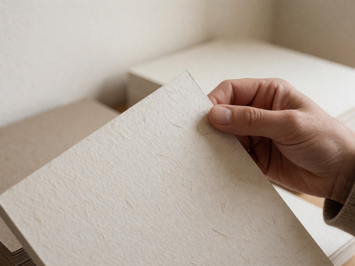 Une main adulte saisit un papier épais à texture visible, sur un fond flou de piles de papier neutres, évoquant la qualité de l'impression graphique.