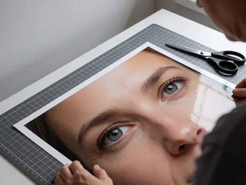 Des mains professionnelles utilisent des ciseaux pour couper une impression graphique posée sur un tapis de découpe, révélant les détails et l'épaisseur du papier.